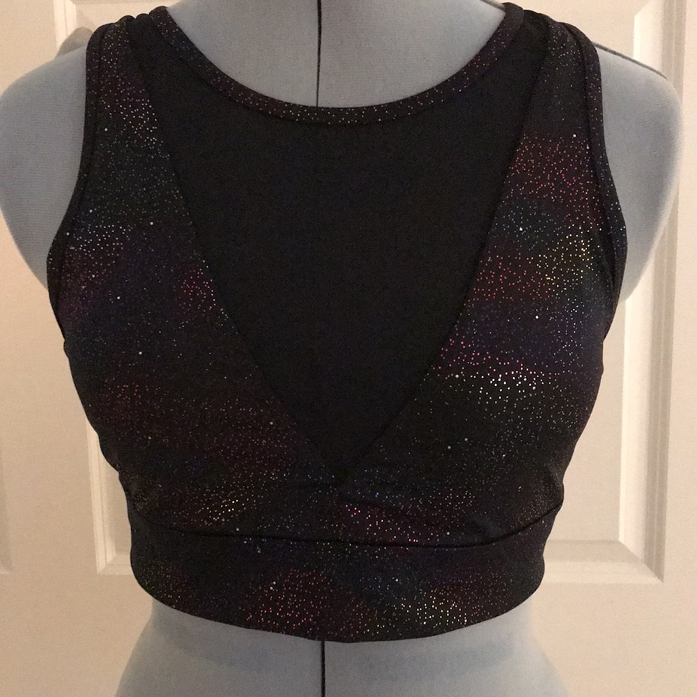 New Cycle House Black Sports Bra Metallic Sparkles Sheer Inserts Size L …